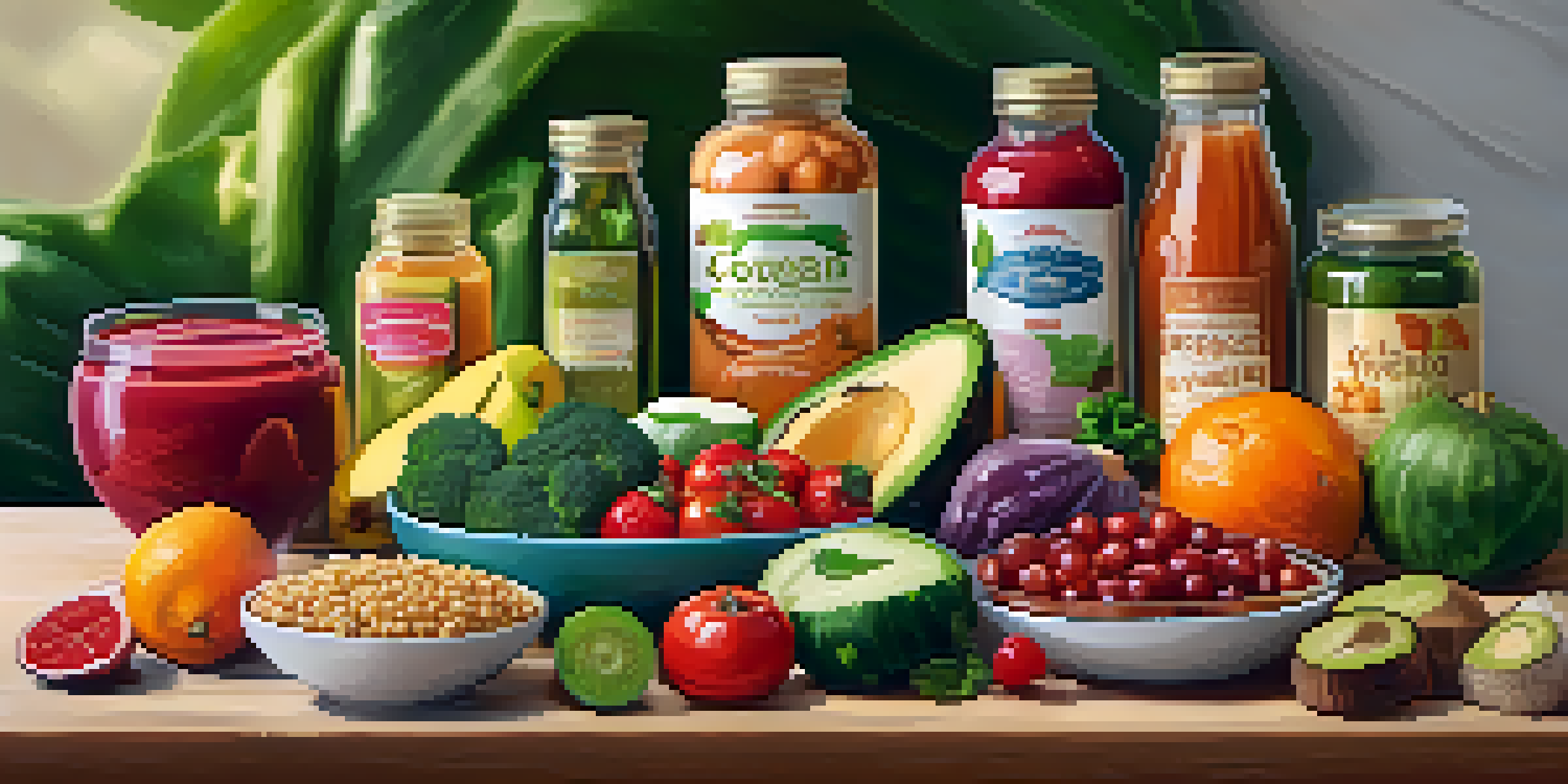 A variety of vegan food products displayed on a wooden table, showcasing colorful packaging and fresh produce.