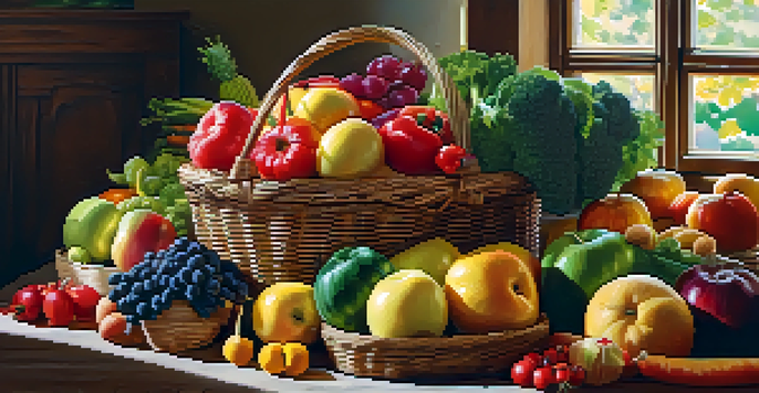 A wicker basket filled with a variety of colorful fruits and vegetables on a rustic wooden table, illuminated by sunlight.