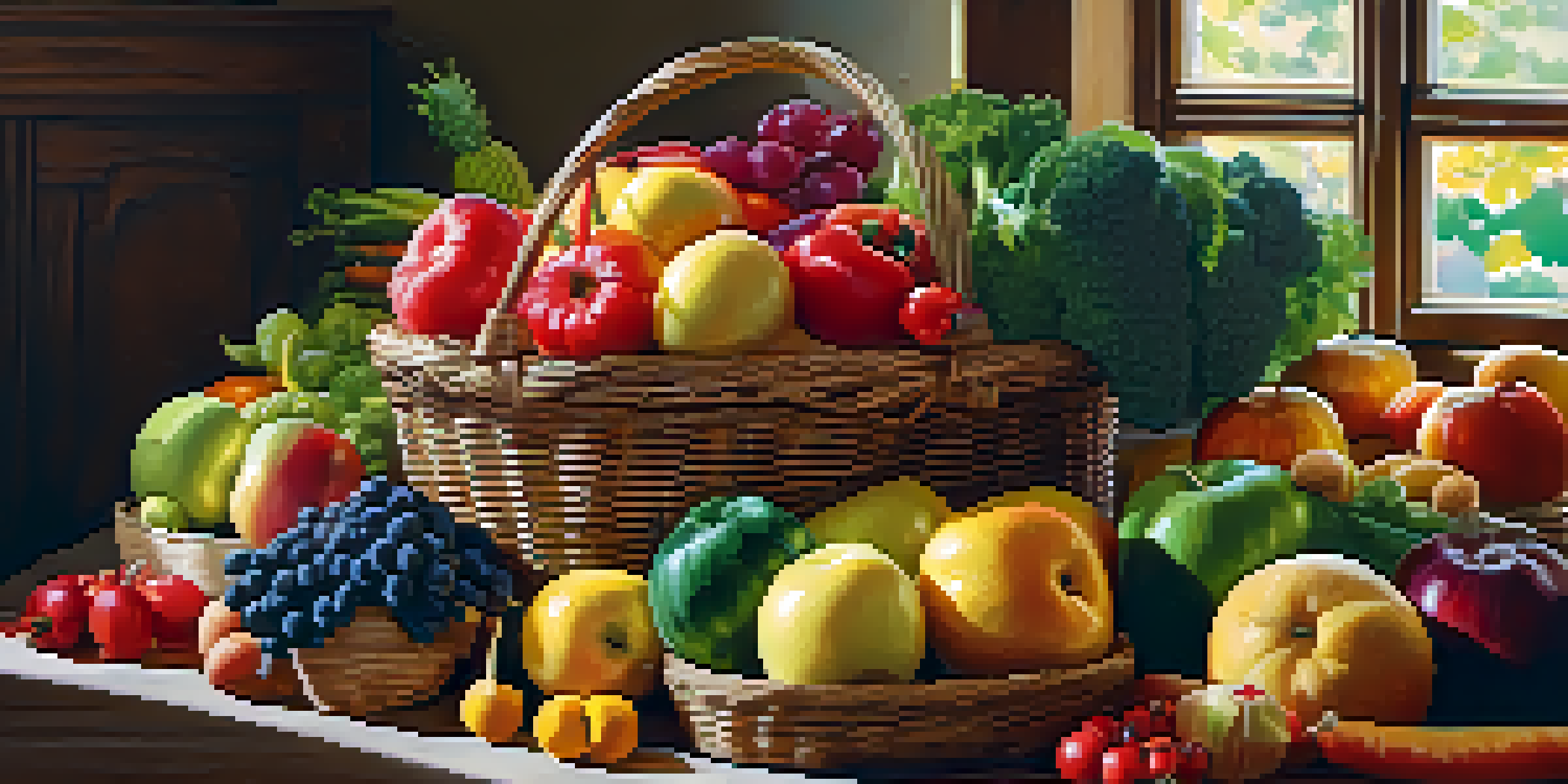 A wicker basket filled with a variety of colorful fruits and vegetables on a rustic wooden table, illuminated by sunlight.