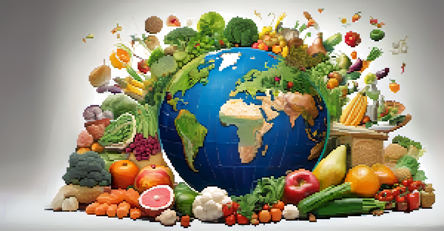 An artistic representation of the globe surrounded by colorful symbols of plant-based foods like fruits and vegetables, with a harmonious and inviting atmosphere.