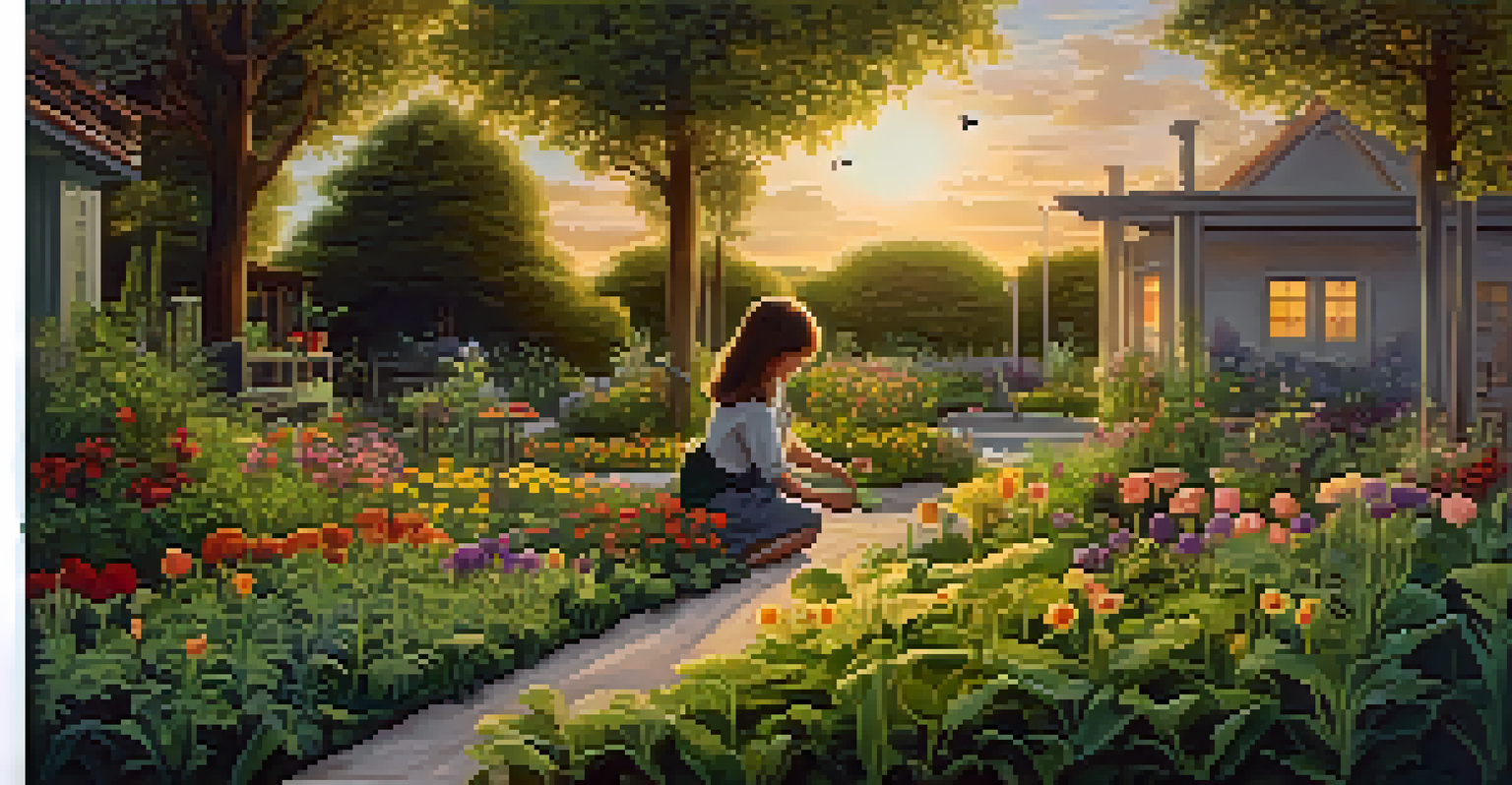 A tranquil garden scene with a person planting seeds among blooming flowers, illuminated by a warm sunset glow.