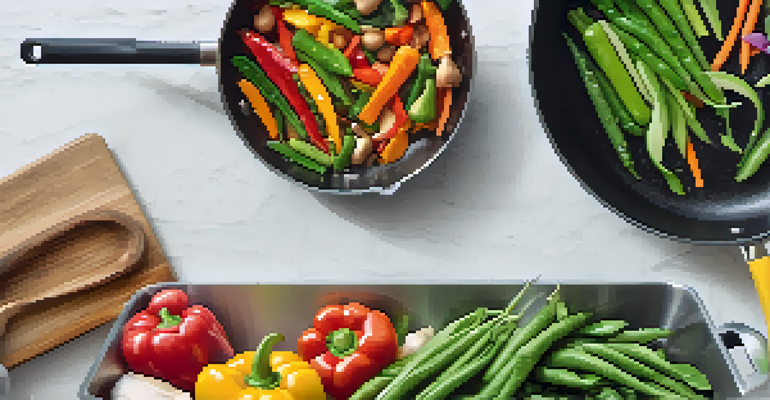 A colorful vegan stir-fry in a skillet, showcasing fresh vegetables with a clean kitchen countertop and separate cooking tools.