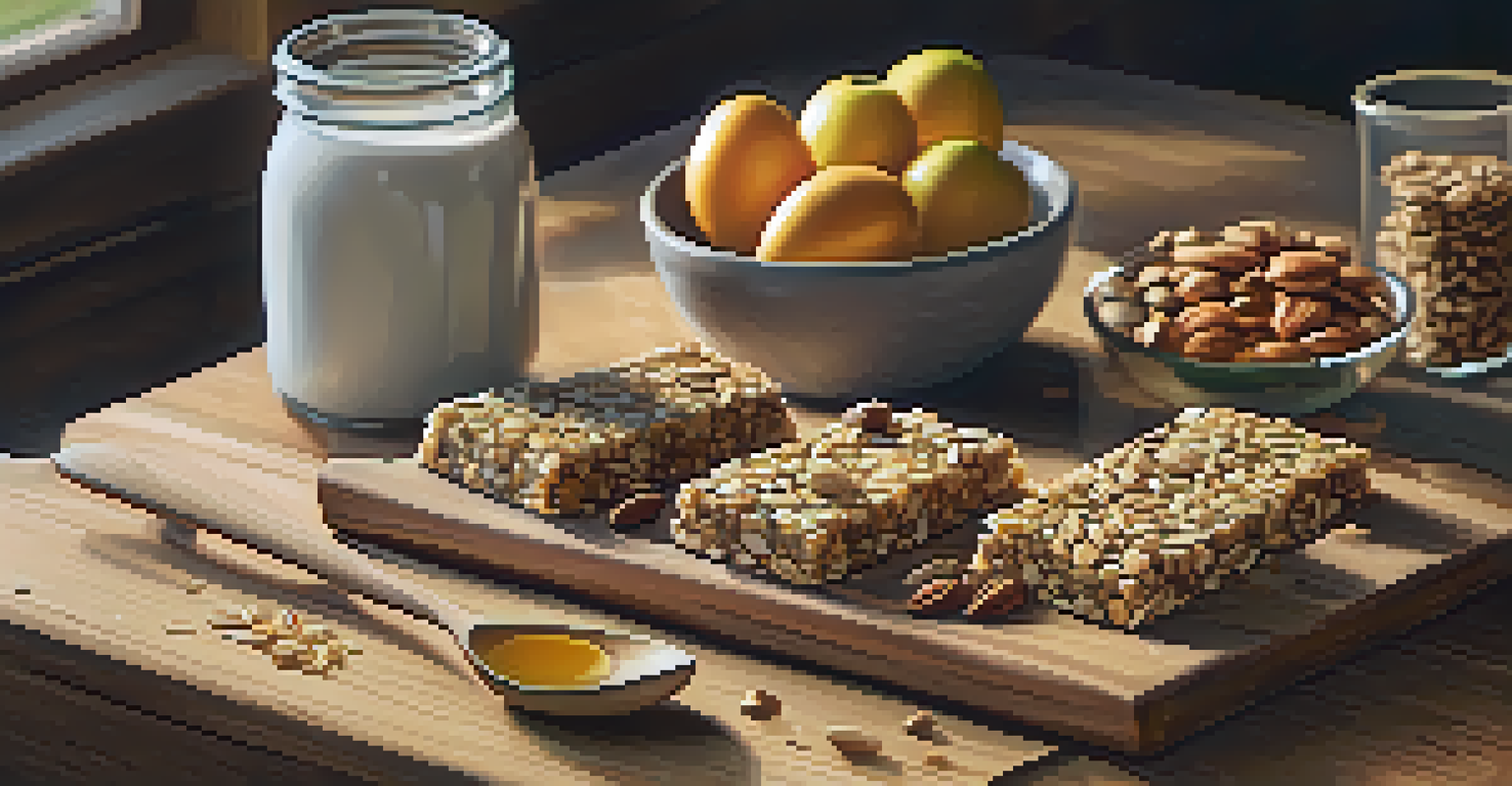 Homemade energy bars displayed on a wooden cutting board with oats, nuts, and honey.