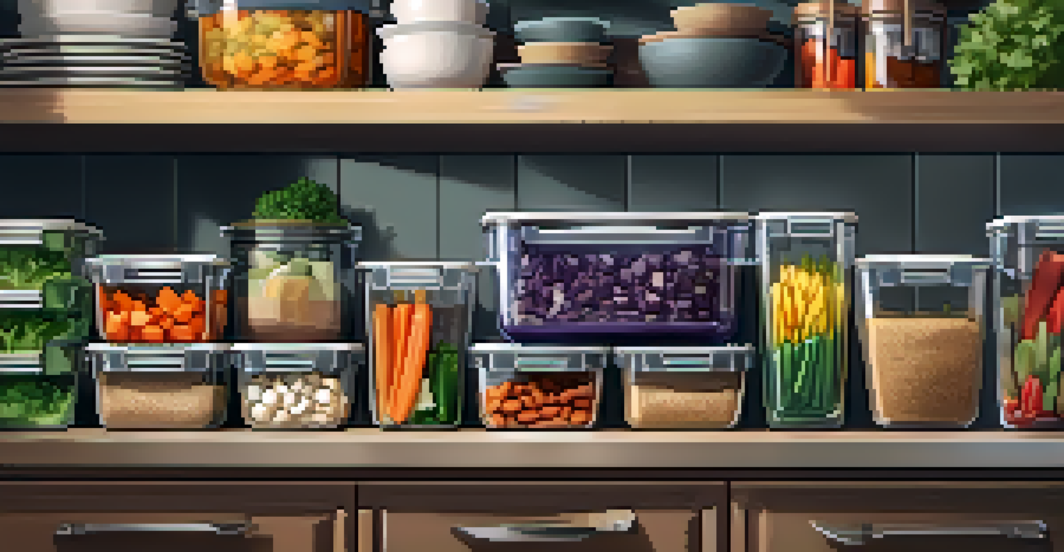 A meal prep station with glass containers filled with colorful vegan dishes, neatly labeled, set against a tidy kitchen backdrop.