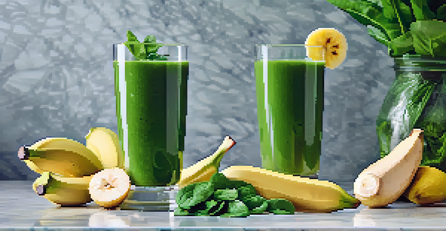 A green smoothie in a glass, made with spinach, banana, and ginger, garnished with a slice of ginger, on a marble countertop.
