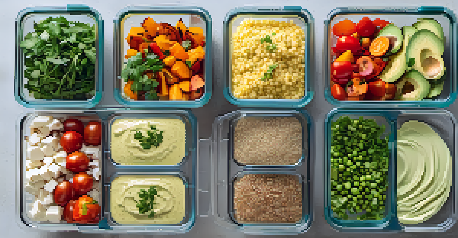 An overhead view of meal prep containers filled with quinoa, roasted vegetables, and avocado dressing, arranged neatly on a countertop.