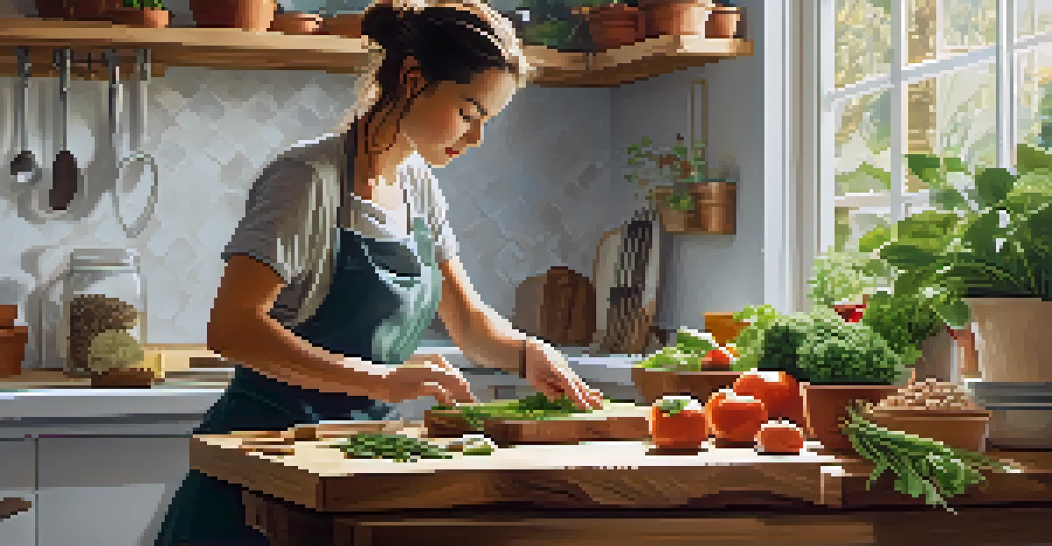 A person chopping vegetables in a bright kitchen filled with plants and jars, emphasizing fresh ingredients for a vegan meal.