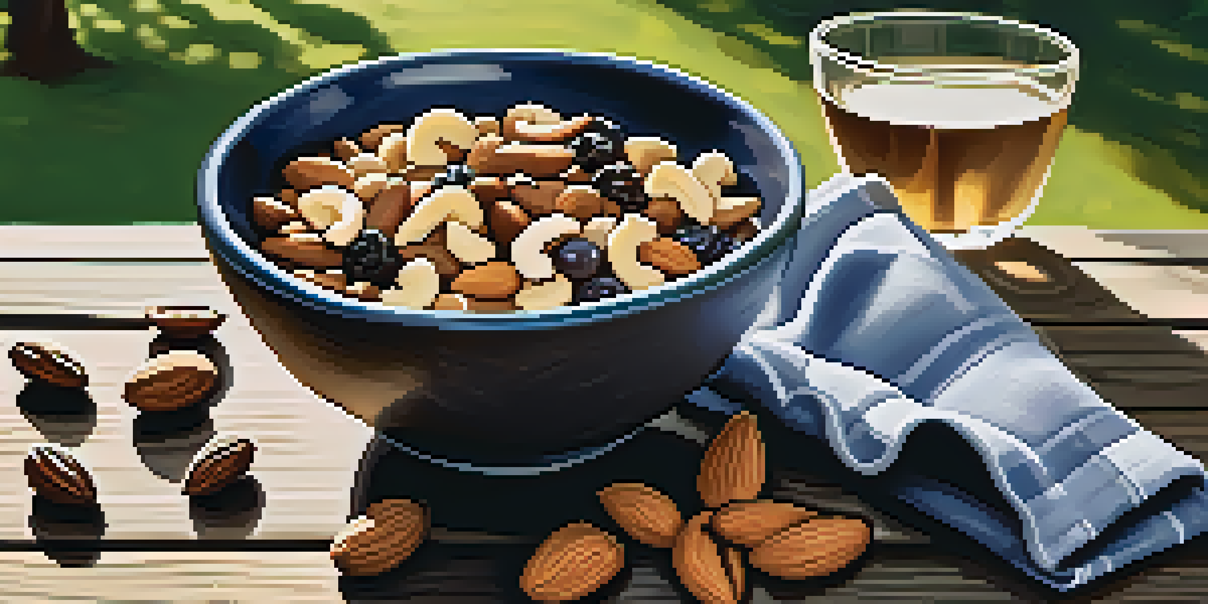 A bowl of nutty trail mix with almonds, cashews, walnuts, and dried fruits on a wooden table in an outdoor picnic setting.