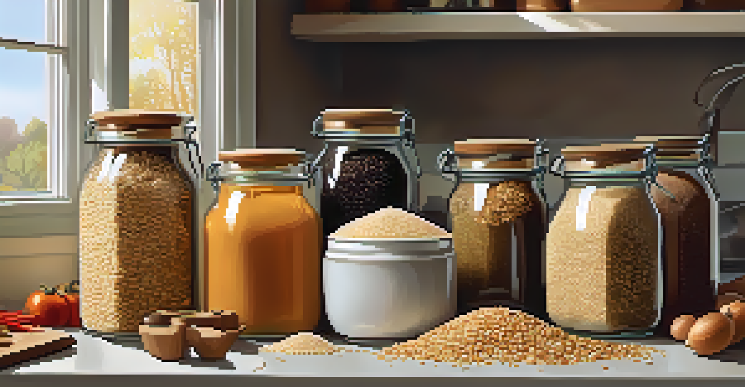 A kitchen countertop with glass jars filled with whole grains such as brown rice and barley, accompanied by fresh vegetables, illuminated by warm lighting.