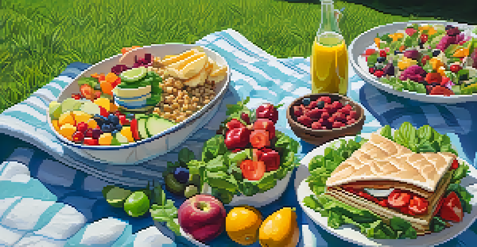 An outdoor picnic setup on green grass with a blanket and an array of colorful vegan dishes, surrounded by a serene park landscape.