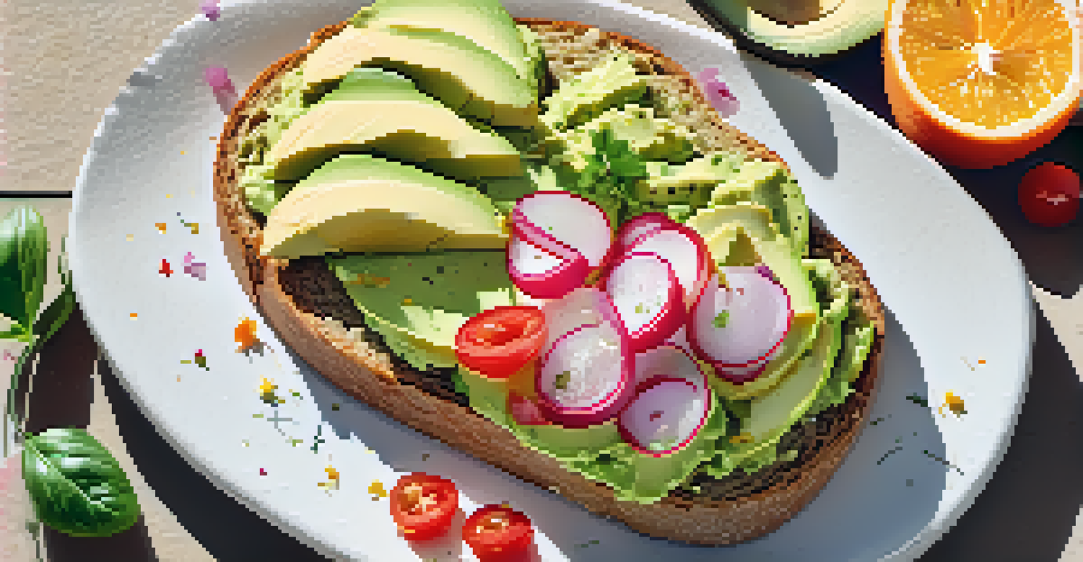A plate of avocado toast topped with tomatoes and radishes next to a glass of orange juice.