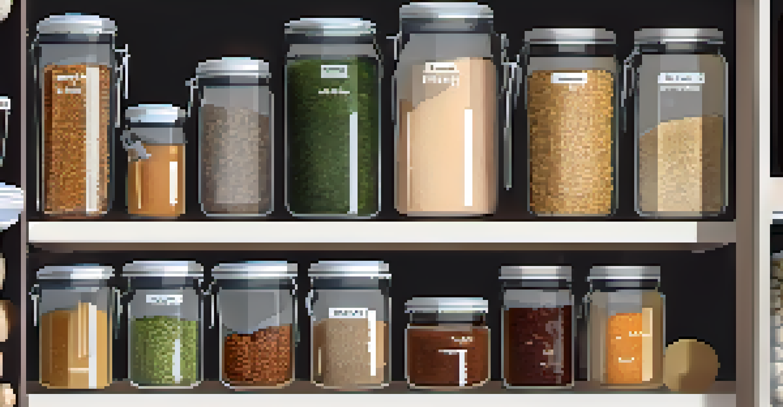 A tidy pantry displaying clear containers of grains and legumes, organized neatly with labels.