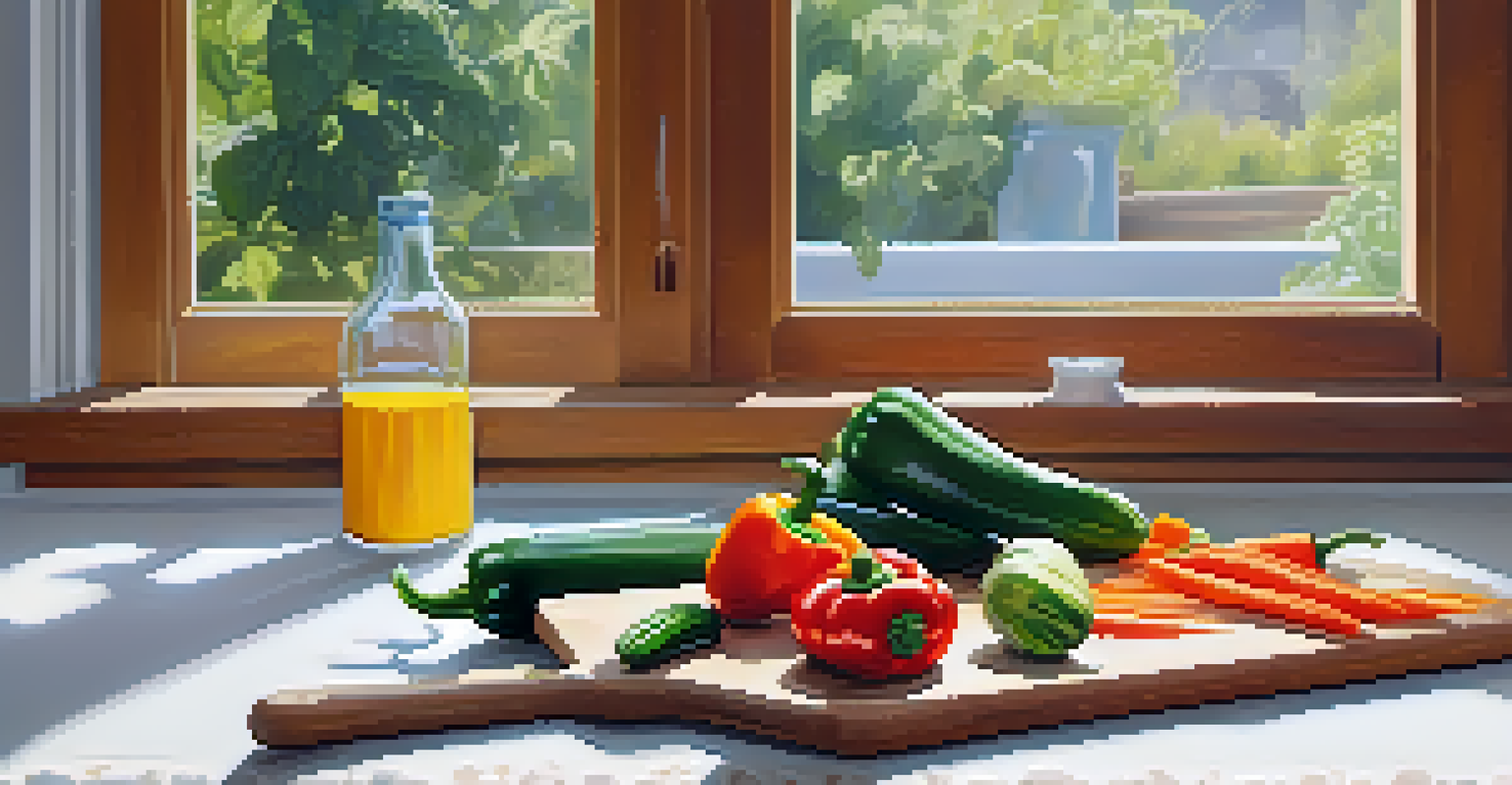 A bright kitchen with a person chopping colorful vegetables on a cutting board, surrounded by sunlight and herbs.