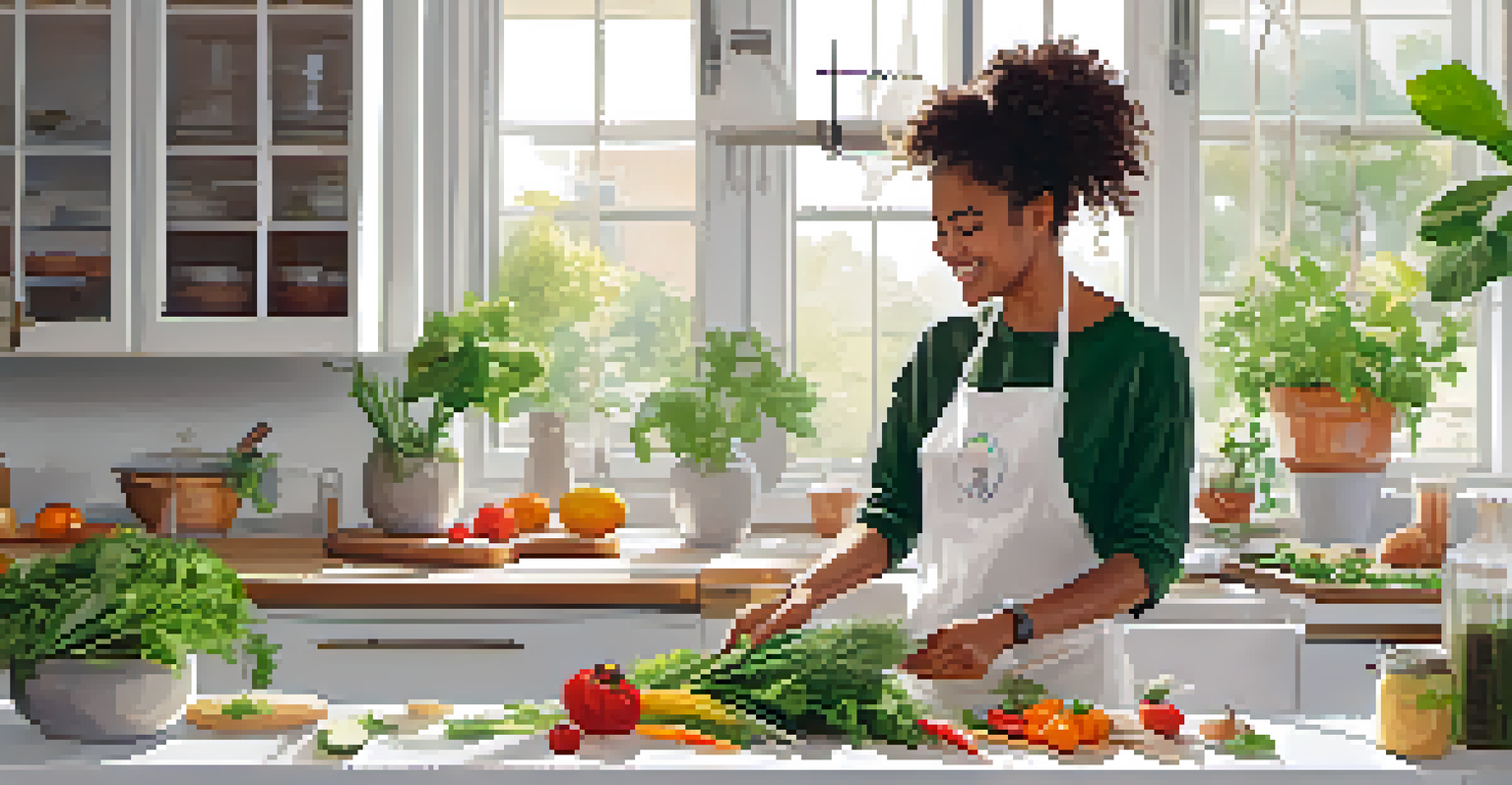 A young adult cooking joyfully in a bright kitchen with a vegan meal kit, chopping vegetables with a meal kit box open beside them.