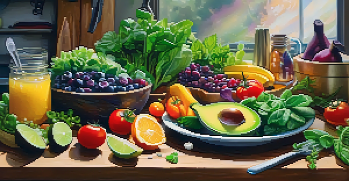 A colorful salad made of fresh fruits and vegetables displayed on a wooden table in a rustic kitchen setting.