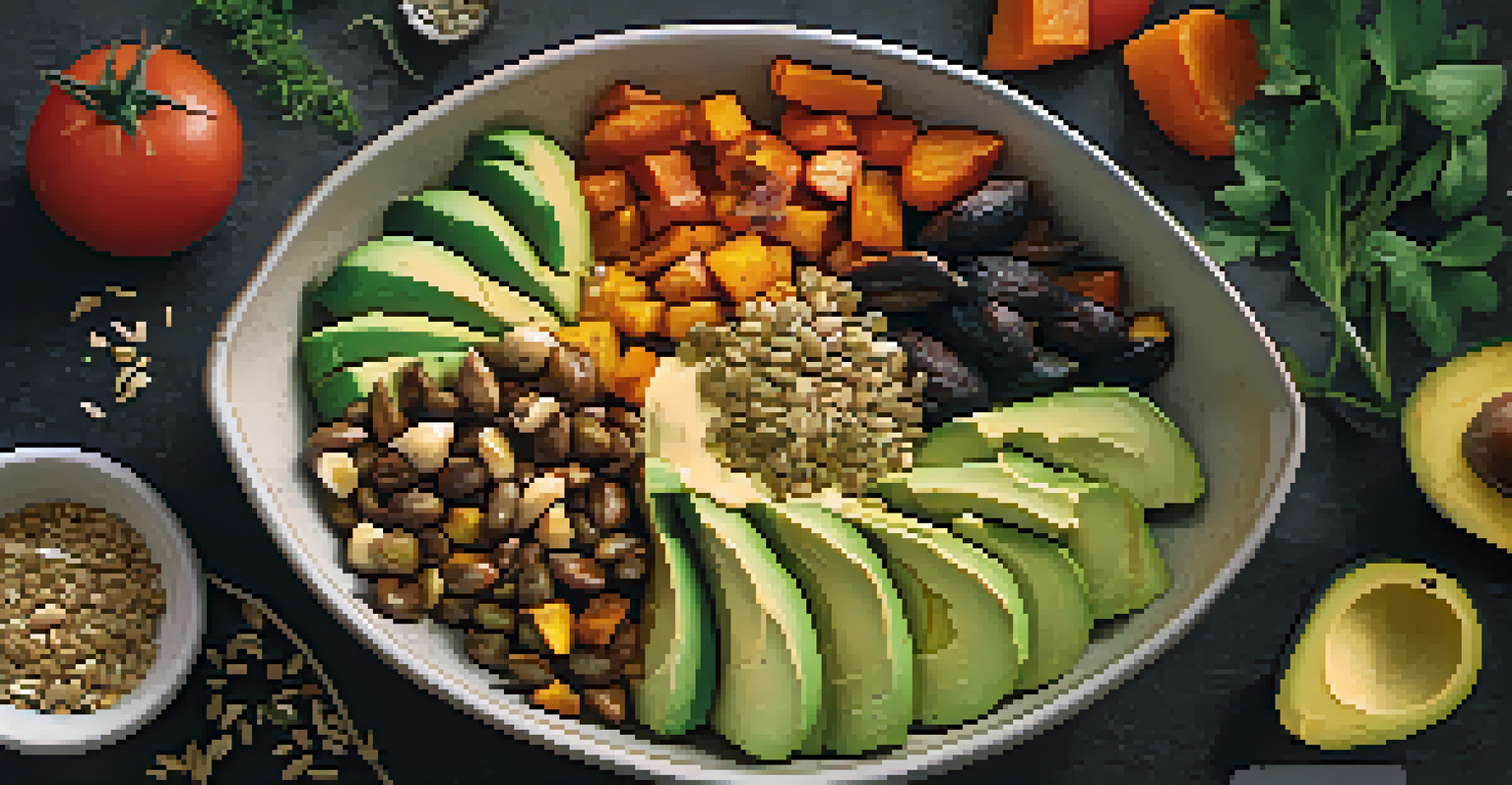 A grain bowl with avocado, toasted seeds, and sweet roasted vegetables, arranged beautifully with olive oil and herbs on a dark background.