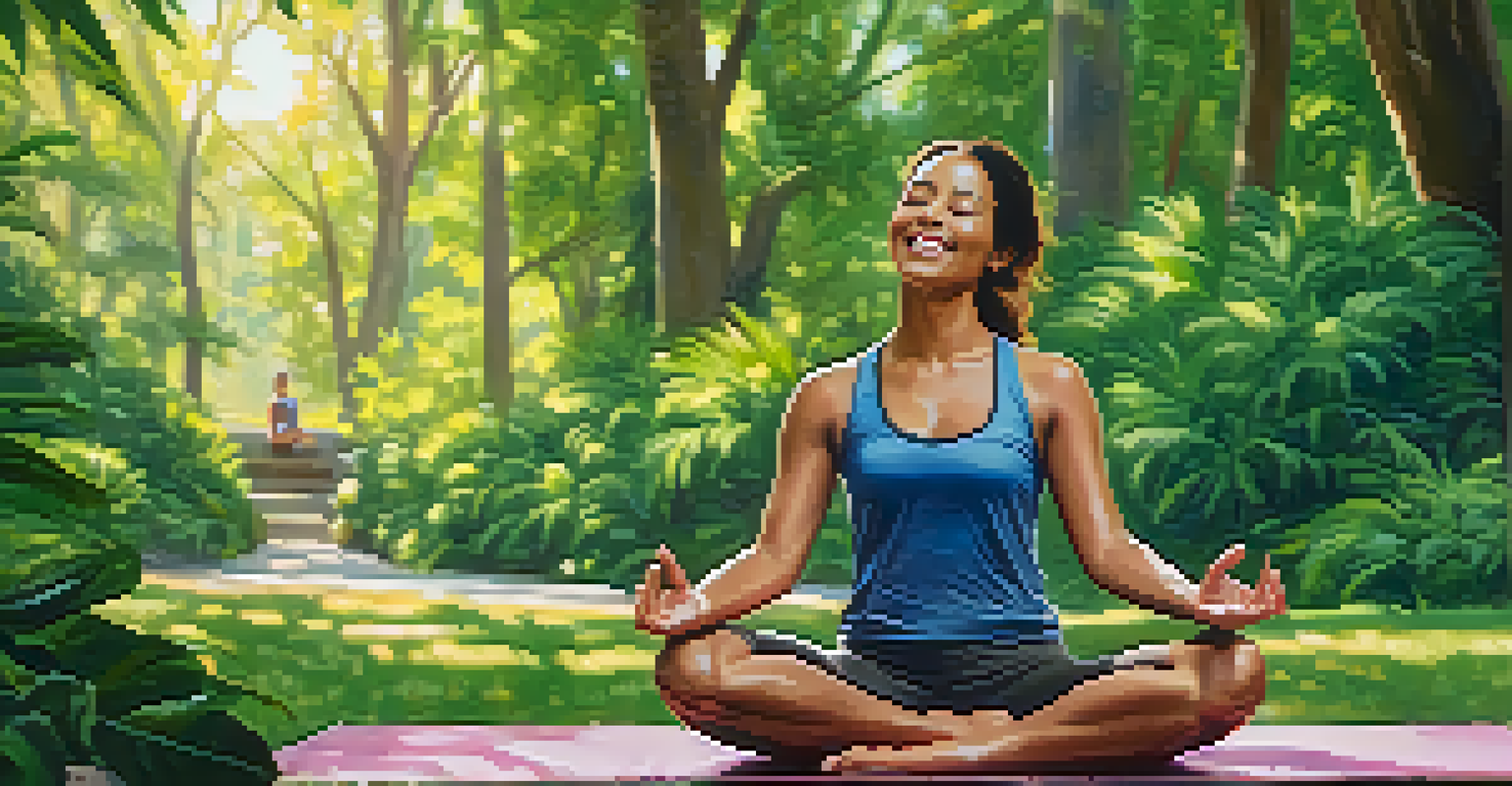 A person practicing yoga in a park surrounded by greenery, with sunlight filtering through the trees.