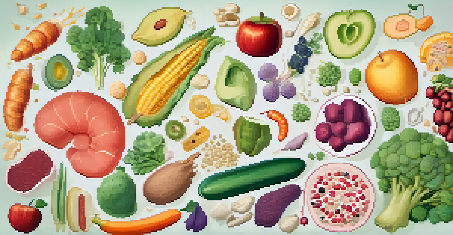An illustrated diagram showing diverse microorganisms representing the gut microbiome, surrounded by colorful plant-based foods.