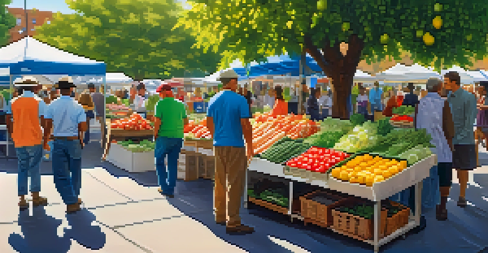 A busy farmer's market with colorful fruits and vegetables, and diverse people interacting with vendors under warm sunlight.