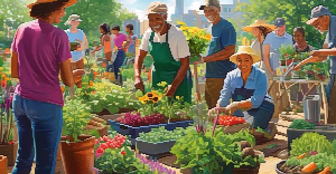 A diverse group of people working together in a colorful community garden, surrounded by vegetables and flowers, under a sunny sky.