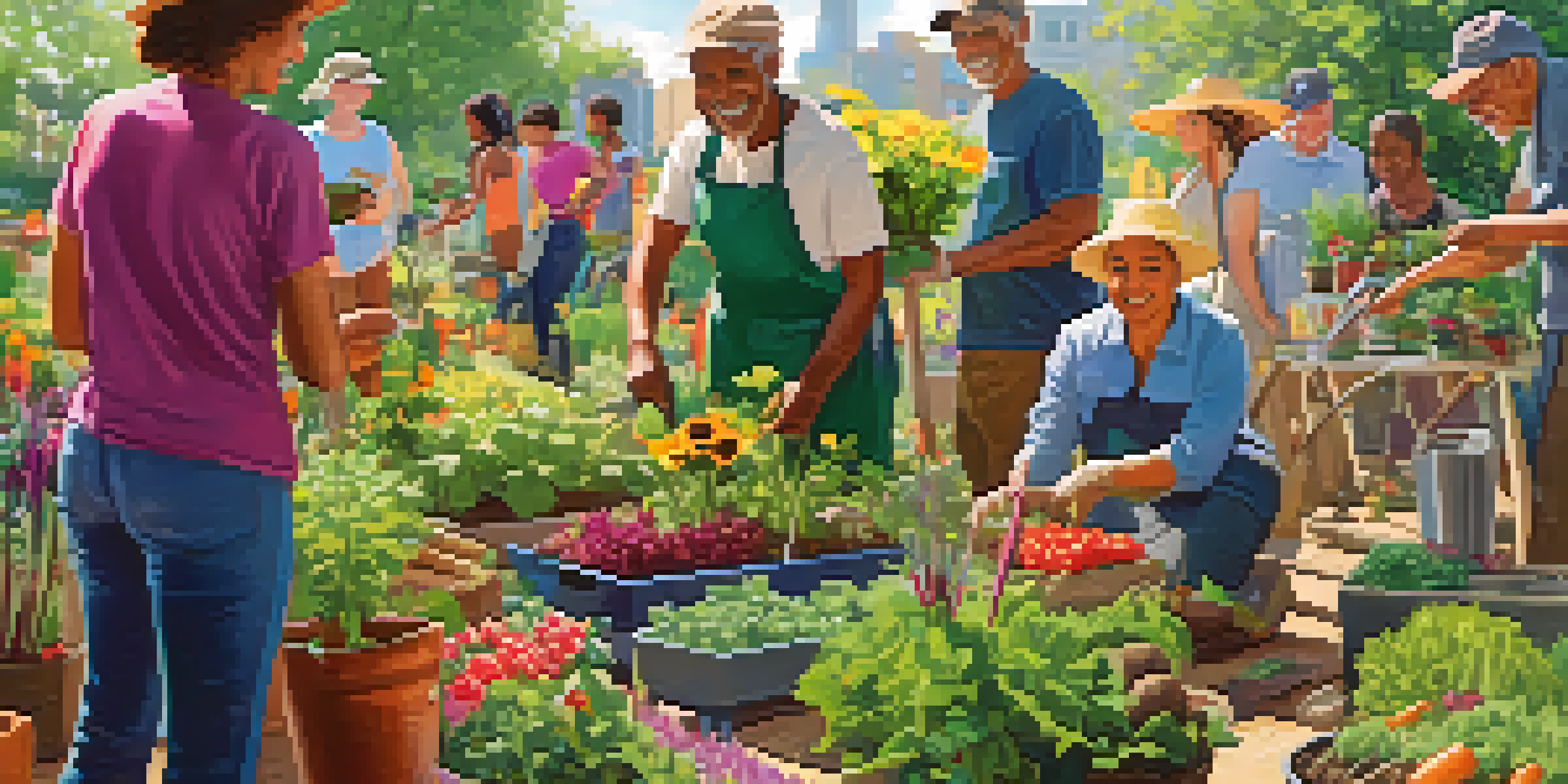 A diverse group of people working together in a colorful community garden, surrounded by vegetables and flowers, under a sunny sky.