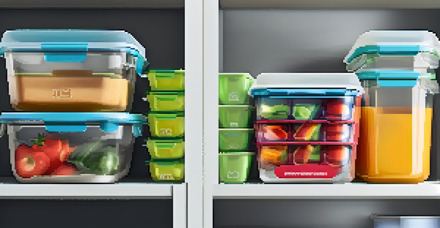 Glass and plastic food storage containers filled with colorful vegan meals on a kitchen shelf.