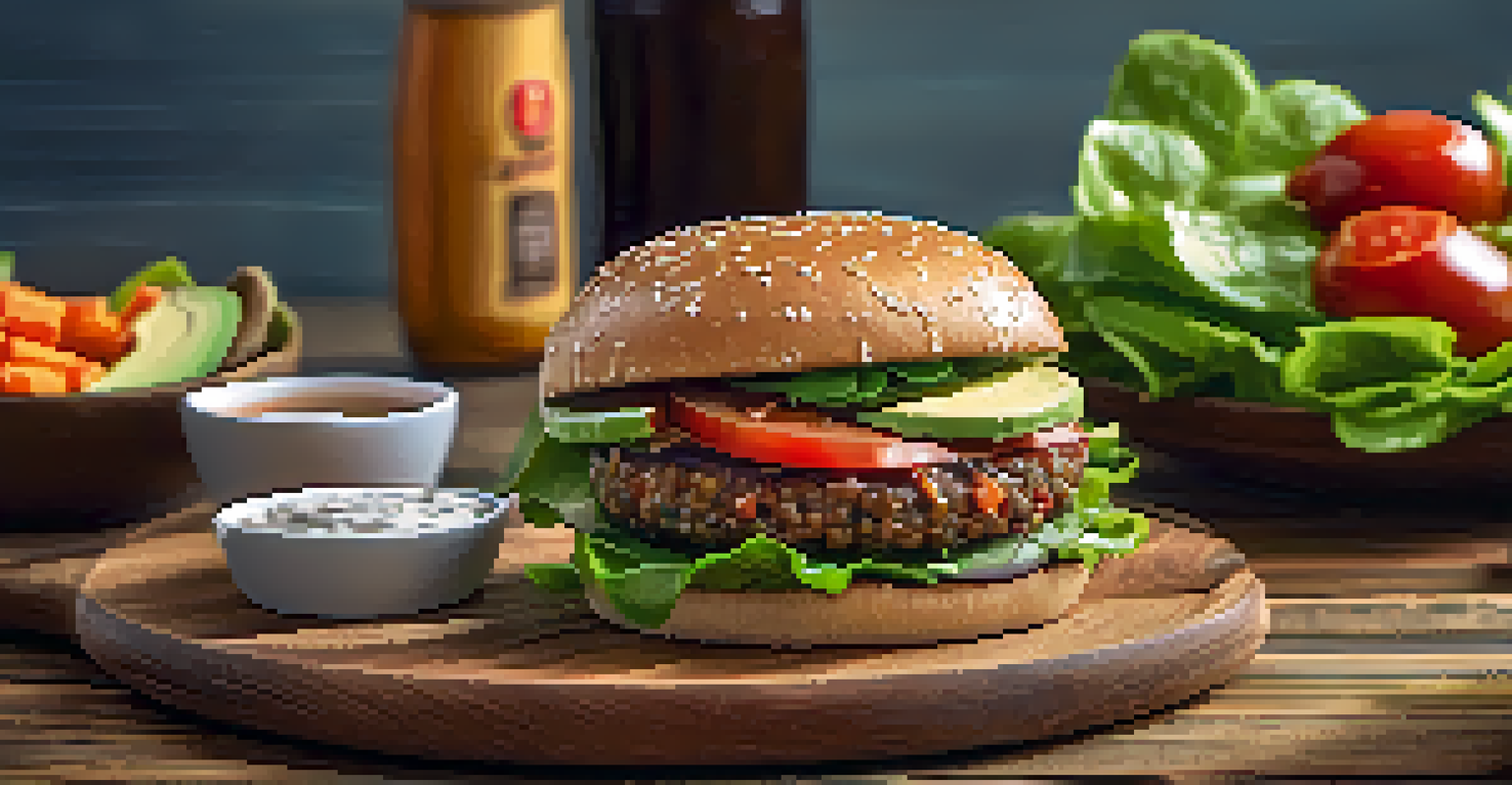 A close-up of a lentil vegan burger with toppings on a wooden board, accompanied by sweet potato fries and a dipping sauce.