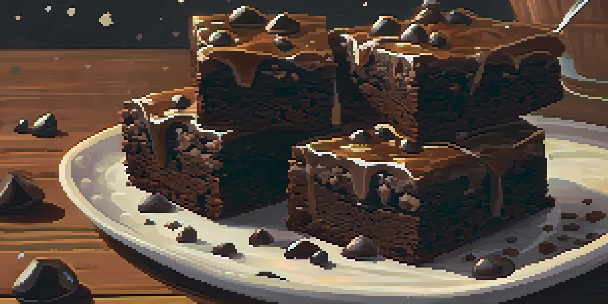 A close-up of vegan chocolate brownies topped with vegan chocolate chips and sea salt, with a scoop of vegan ice cream beside them.