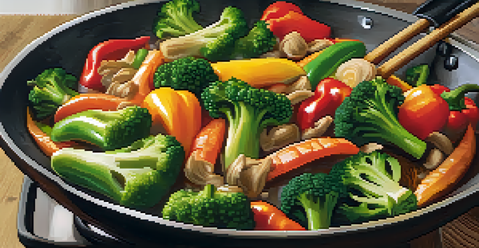 A colorful vegan stir-fry in a wok with a variety of vegetables and steam rising in a cozy kitchen.