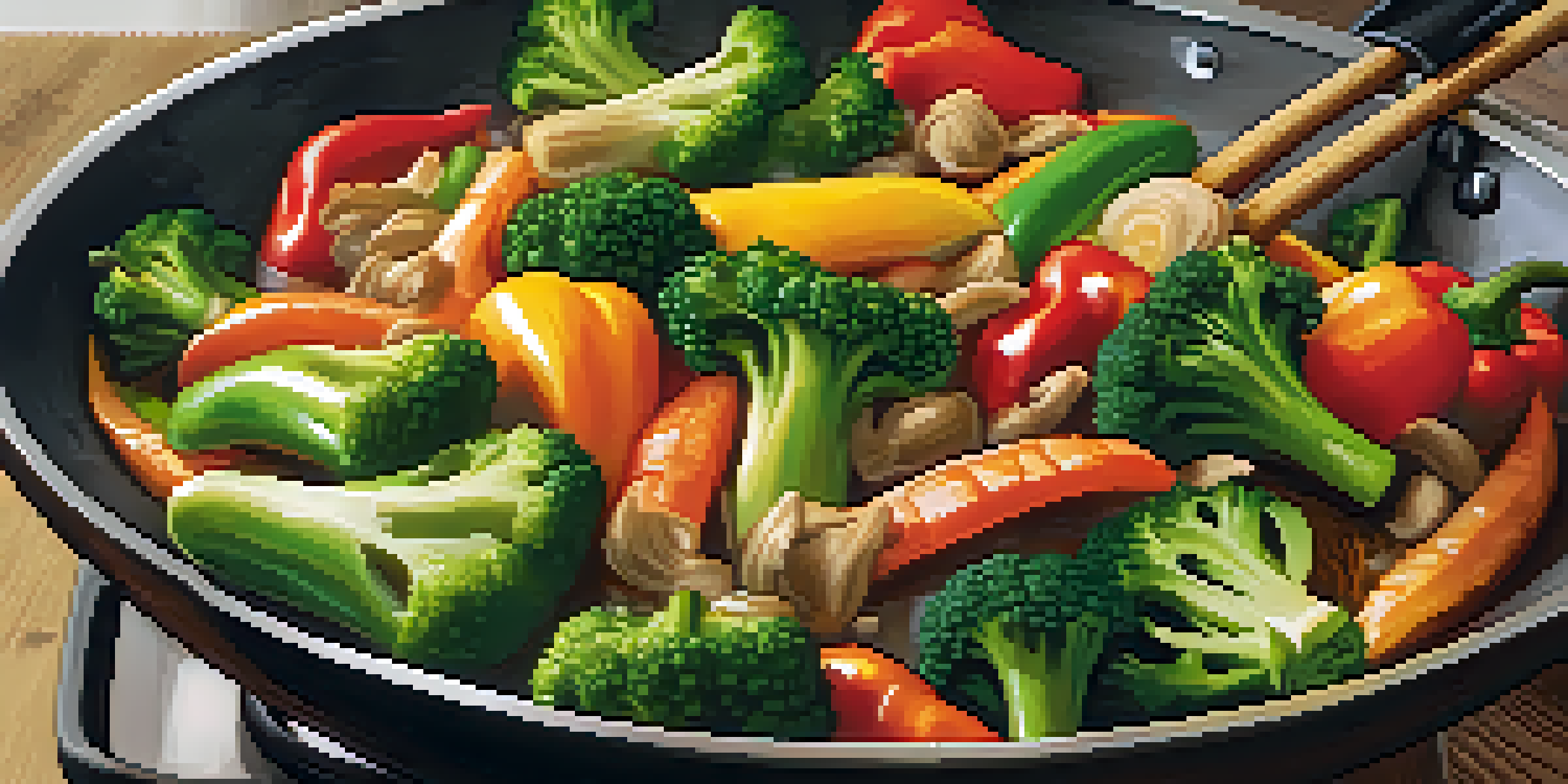 A colorful vegan stir-fry in a wok with a variety of vegetables and steam rising in a cozy kitchen.