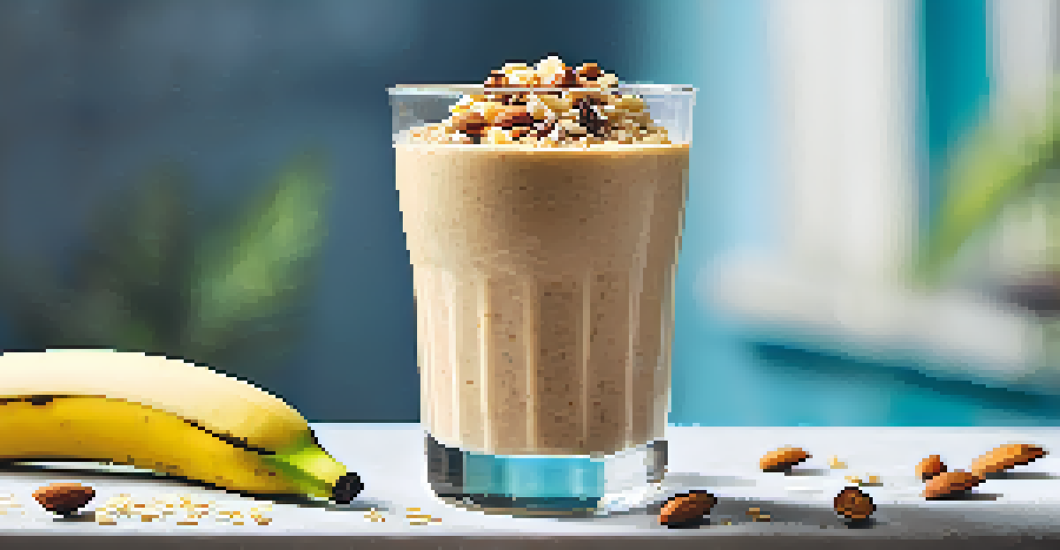 A close-up of an almond butter smoothie topped with crushed nuts and banana slices in a glass, with chia seeds sprinkled on top.