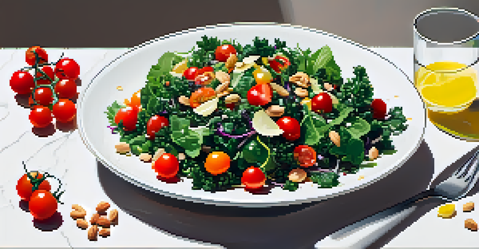 A vibrant vegan salad with kale, cherry tomatoes, nuts, and lemon dressing in a white bowl on a minimalist table.