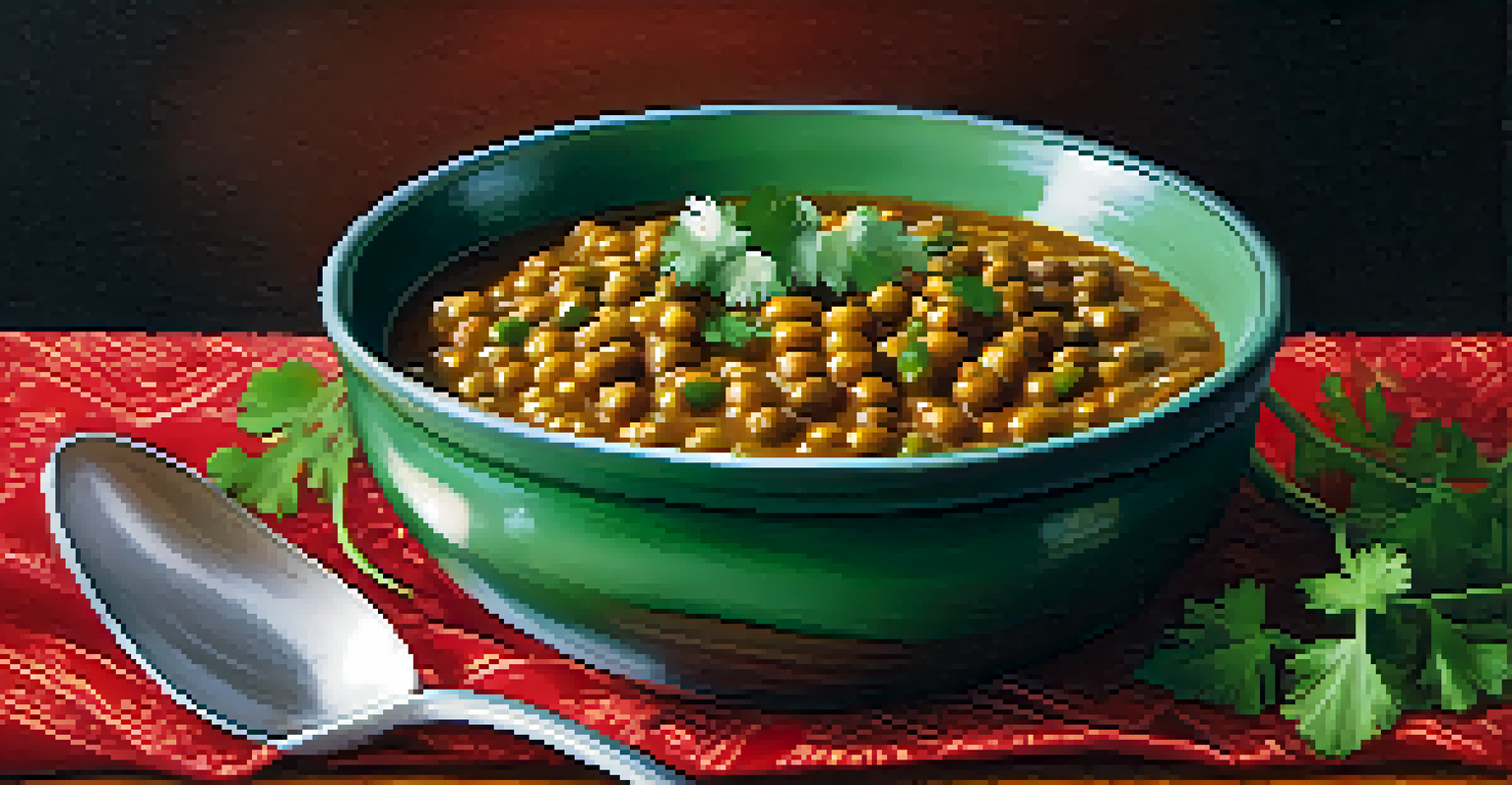 A close-up of vegan lentil curry in a bowl, garnished with cilantro and cumin seeds, with steam rising in warm light.