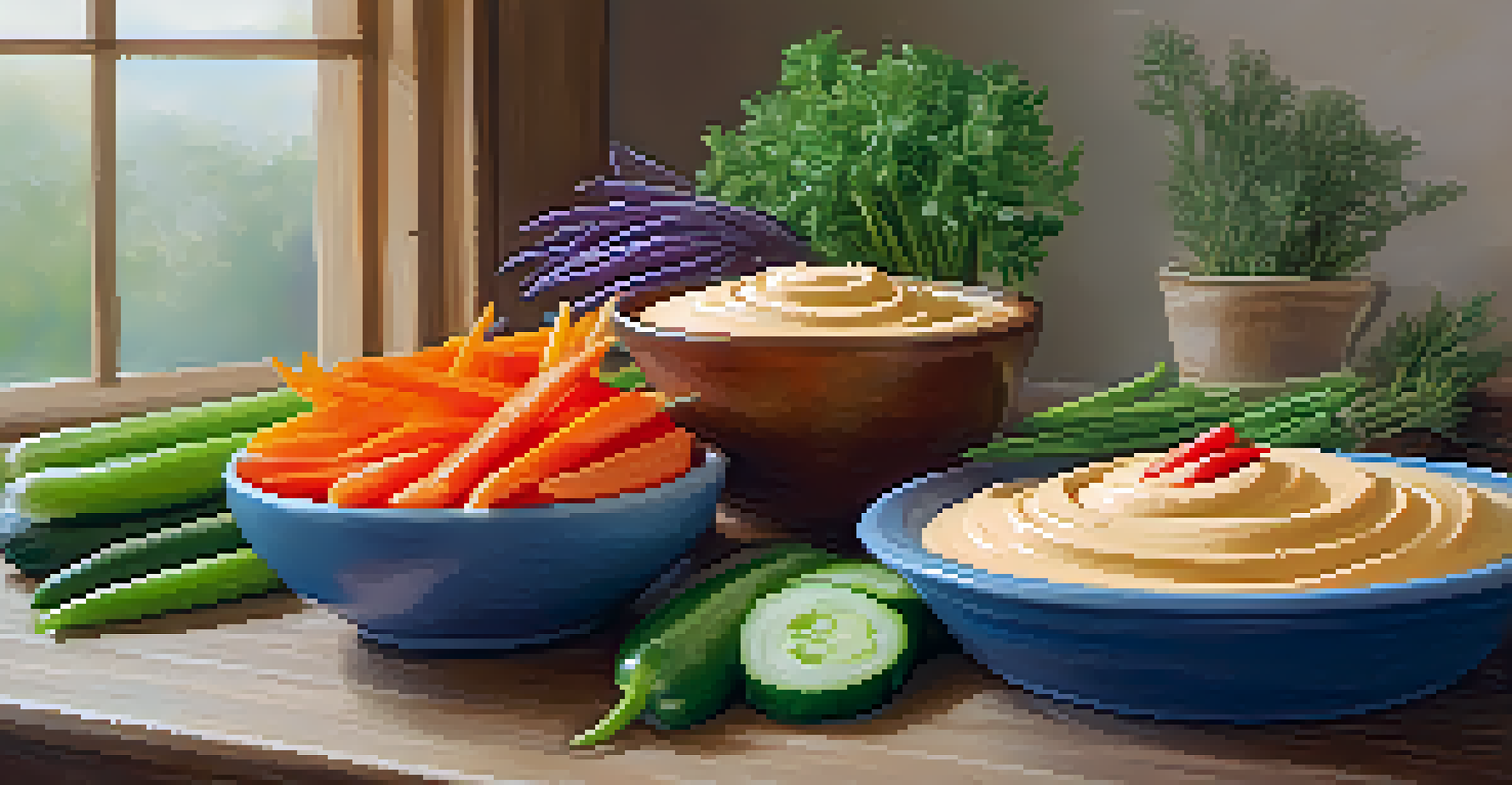 A bowl of creamy hummus with an assortment of colorful vegetables like carrots, cucumbers, and bell peppers arranged around it on a rustic table.