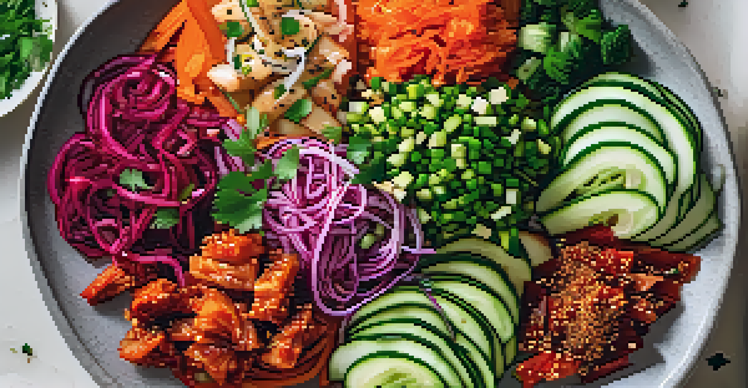 An overhead view of a colorful vegan kimchi platter with different types of kimchi, garnished with sesame seeds and green onions, set against a bright kitchen backdrop.