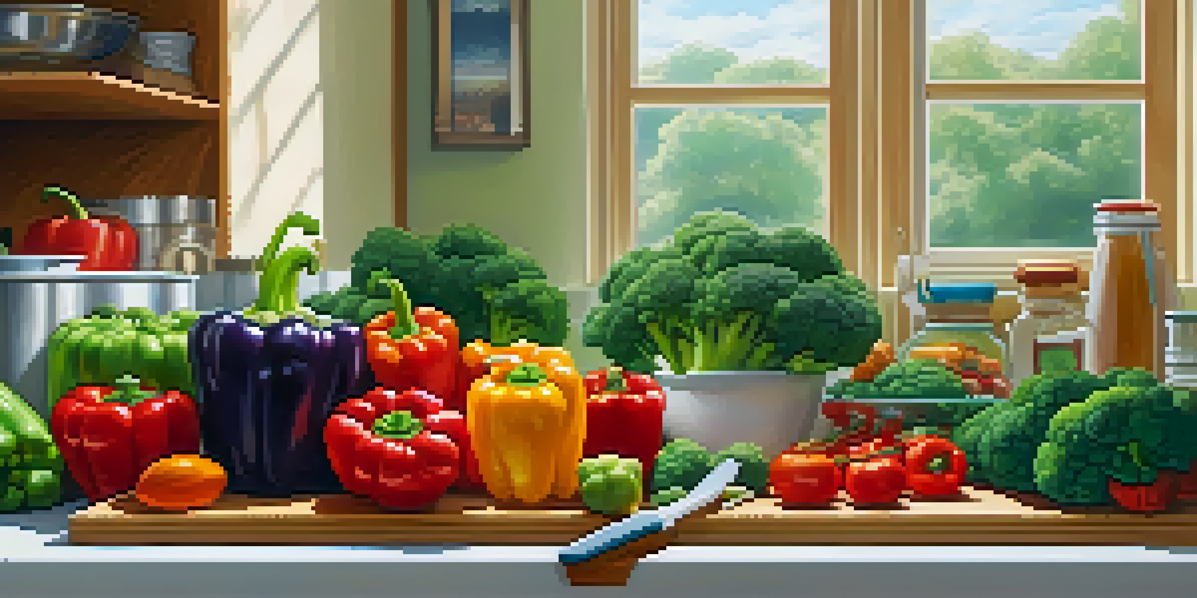 A bright and organized vegan kitchen showcasing colorful vegetables on a cutting board, with a clean workspace and sunlight streaming through the window.