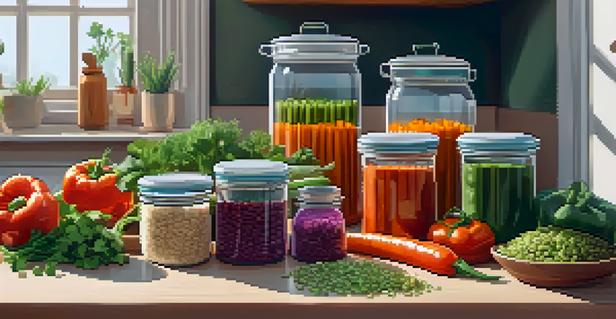A meal prep station with chopped vegetables and grains in glass containers, illuminated by soft natural light.