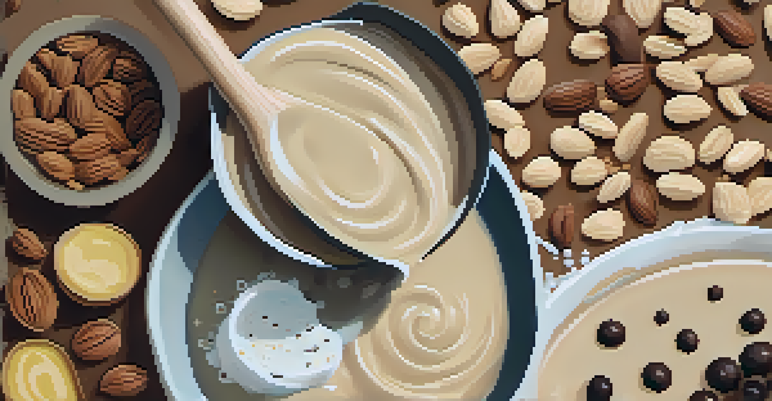 A close-up view of a bowl of vegan batter with nuts and chocolate chips, featuring a wooden spoon and scattered ingredients like coconut oil and chia seeds.