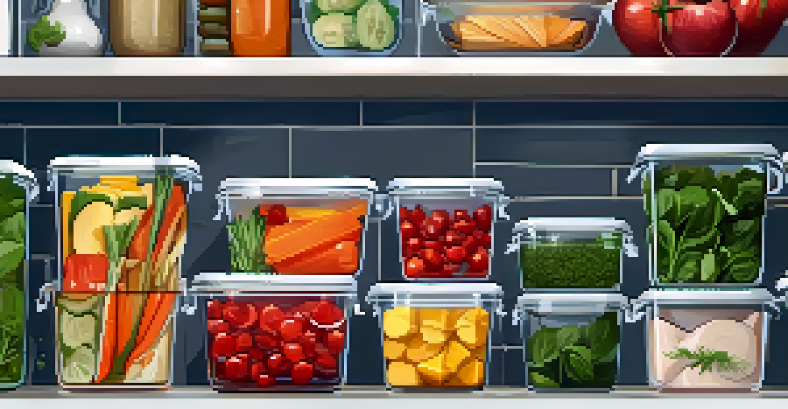 A meal prep area with clear containers of colorful vegan meals, neatly labeled and surrounded by fresh vegetables.