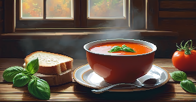 A bowl of classic tomato basil soup with fresh basil leaves, served with crusty bread on a wooden table, creating a warm kitchen atmosphere.