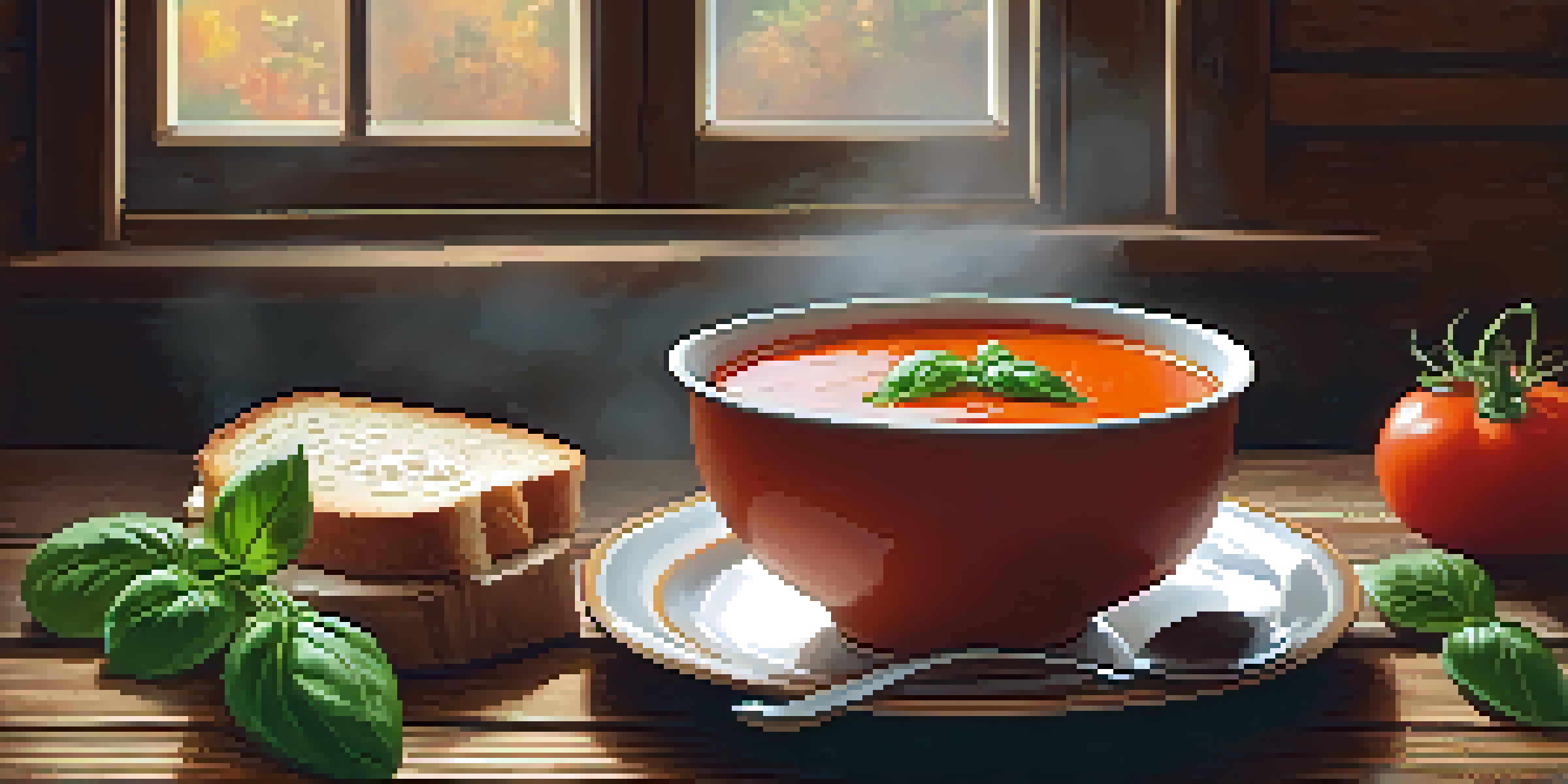 A bowl of classic tomato basil soup with fresh basil leaves, served with crusty bread on a wooden table, creating a warm kitchen atmosphere.