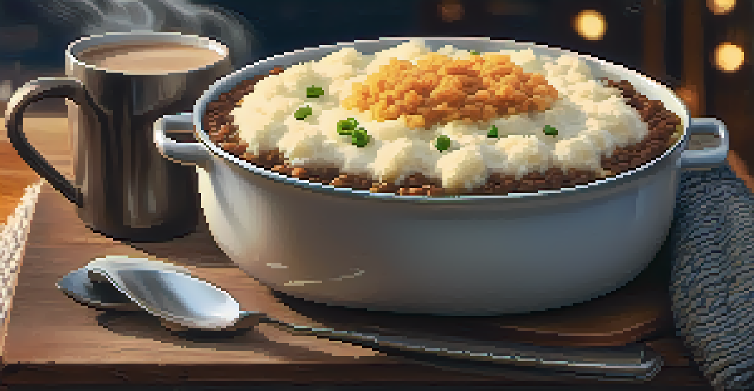 A comforting bowl of vegan shepherd's pie with mashed potatoes, accompanied by a mug of hot chocolate on a wooden table, with a cozy blanket.