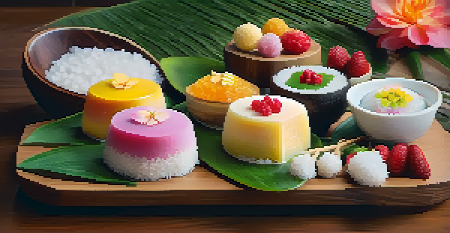 A platter of vegan desserts including coconut sticky rice and mochi, beautifully arranged with tropical leaves.