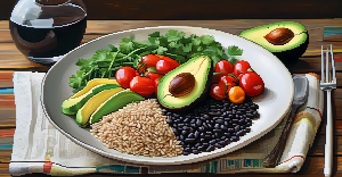 A colorful vegan meal plate with black beans, brown rice, avocado, and fresh vegetables on a wooden table, illuminated by soft light.
