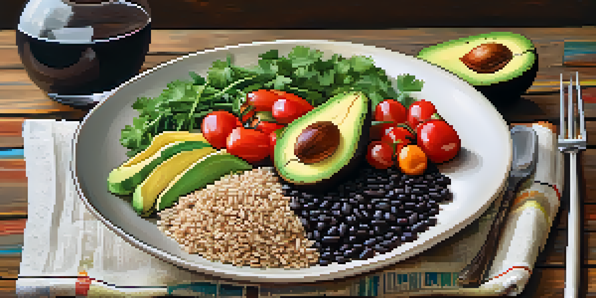 A colorful vegan meal plate with black beans, brown rice, avocado, and fresh vegetables on a wooden table, illuminated by soft light.