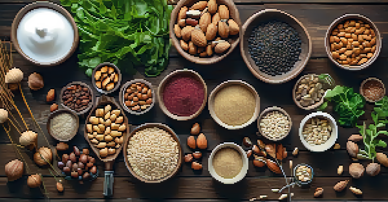 A flat lay of plant-based ingredients on a wooden table, including nuts, seeds, and greens, illuminated by natural light.