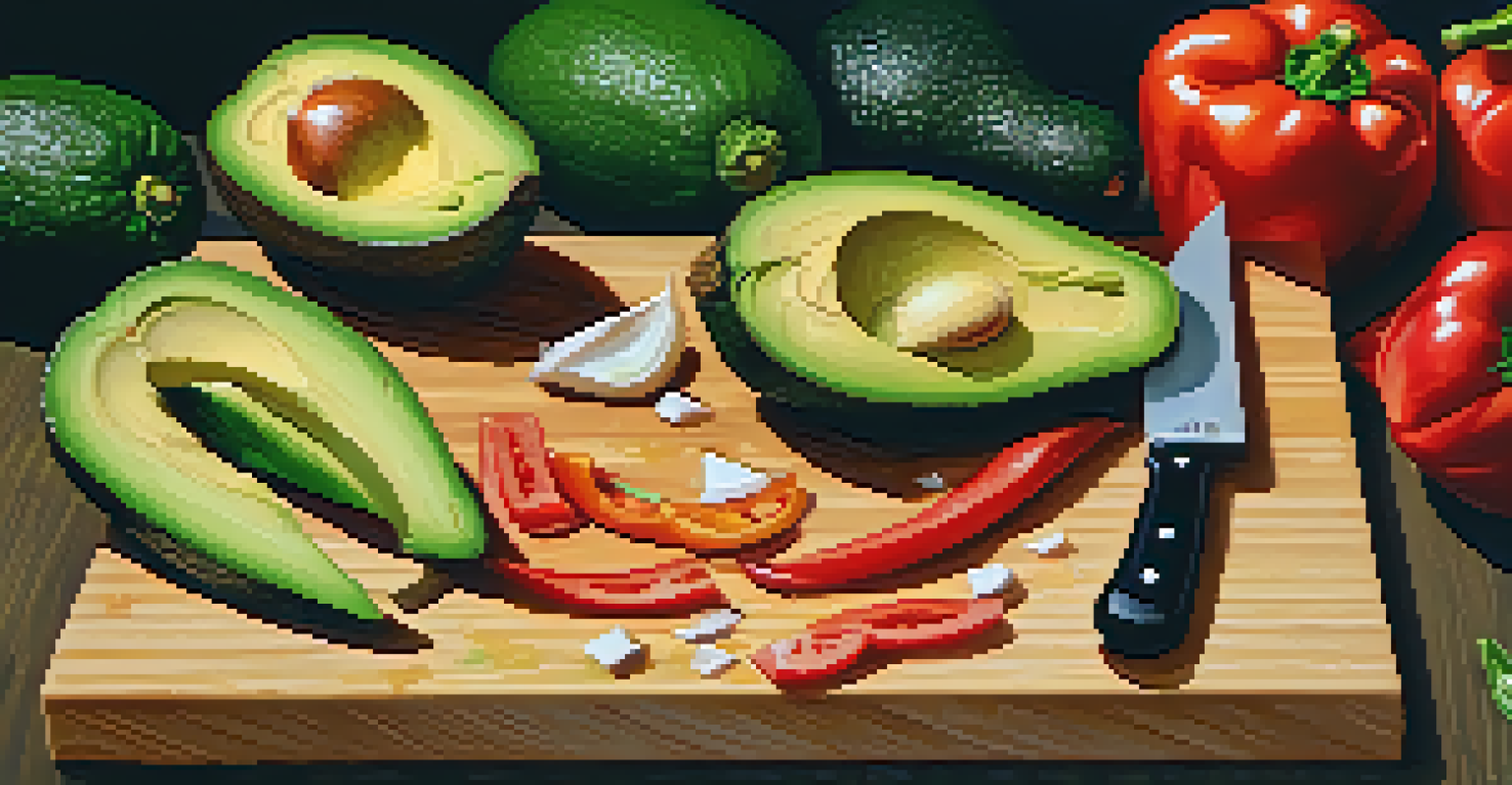 An artistic display of various knife techniques with sliced avocado, diced bell peppers, and minced garlic on a cutting board.