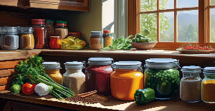 A bright kitchen with colorful vegetables and grains arranged on a wooden countertop, with spices in the background and soft natural light coming through the window.