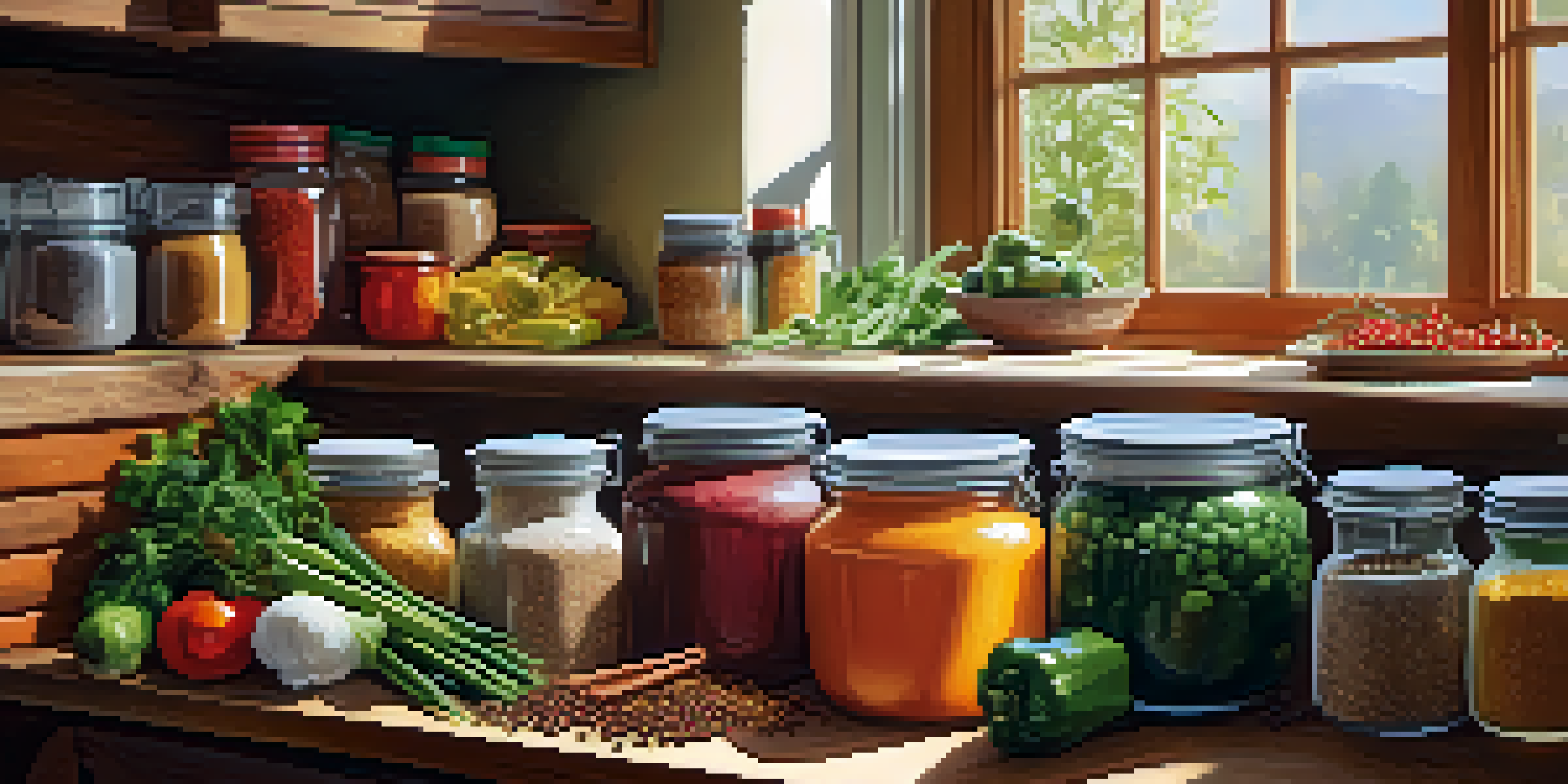 A bright kitchen with colorful vegetables and grains arranged on a wooden countertop, with spices in the background and soft natural light coming through the window.
