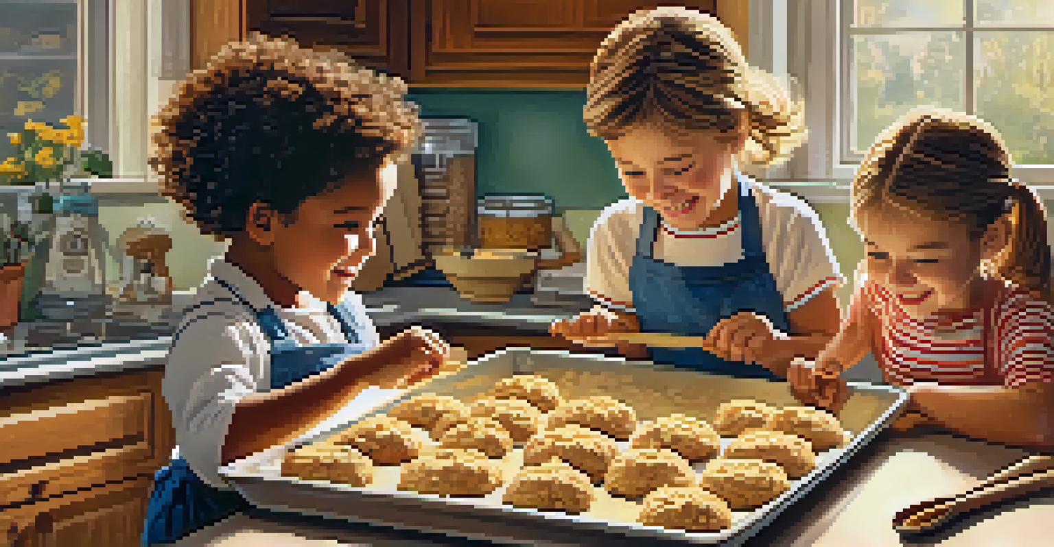 Children happily baking banana oatmeal cookies in a cozy kitchen, with ingredients spread on the countertop and smiles on their faces.